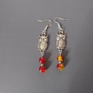 Autumn Glow Owl Dangle Earrings Vintage Inspired Charm & Firecracker Beads